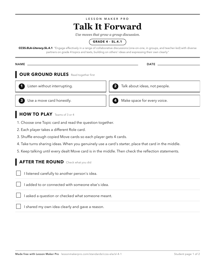 Preview of the CCSS.ELA-Literacy.SL.4.1 printable worksheet