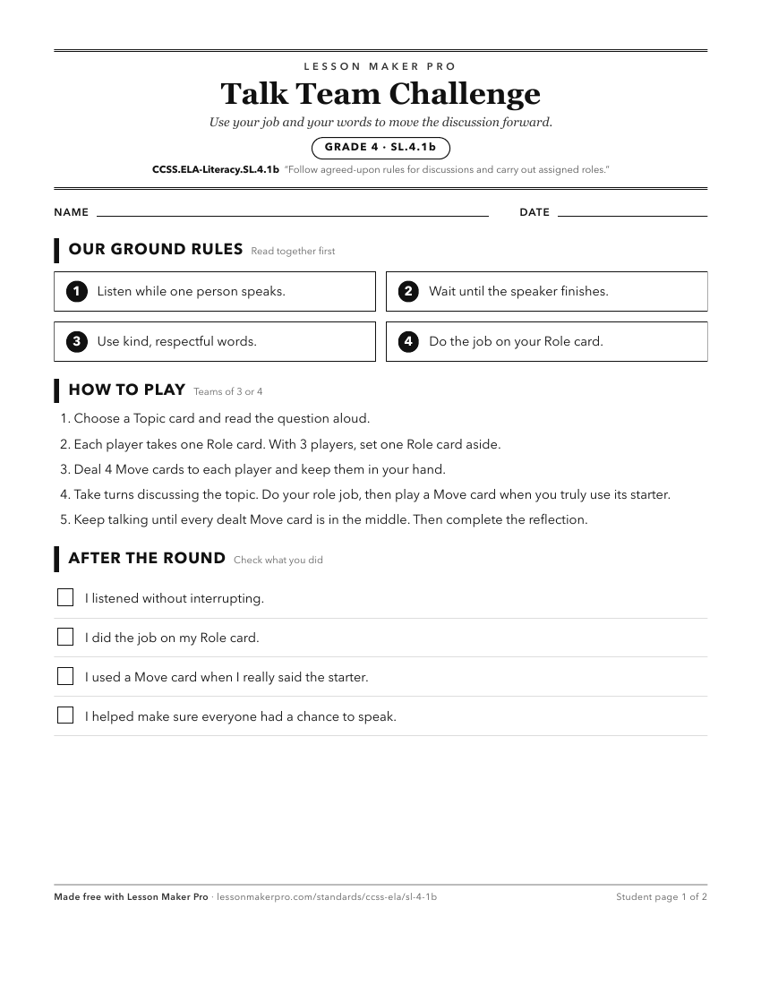Preview of the CCSS.ELA-Literacy.SL.4.1b printable worksheet