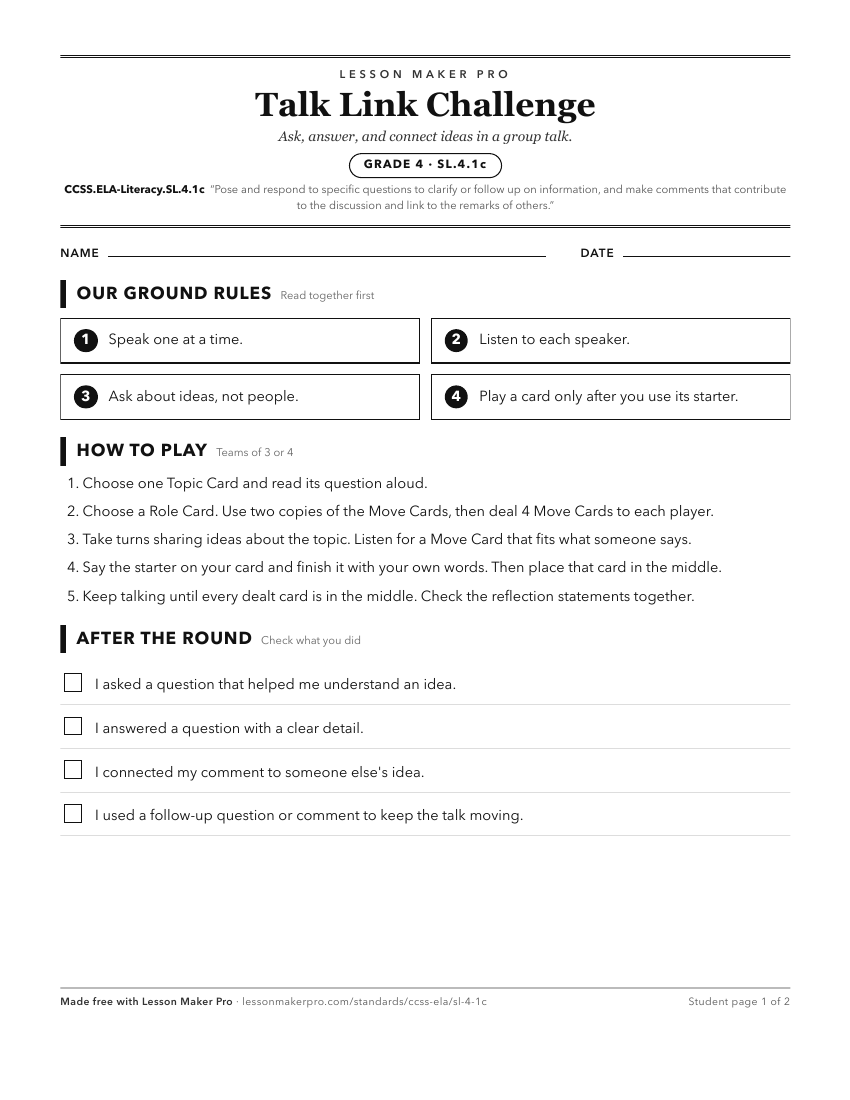 Preview of the CCSS.ELA-Literacy.SL.4.1c printable worksheet