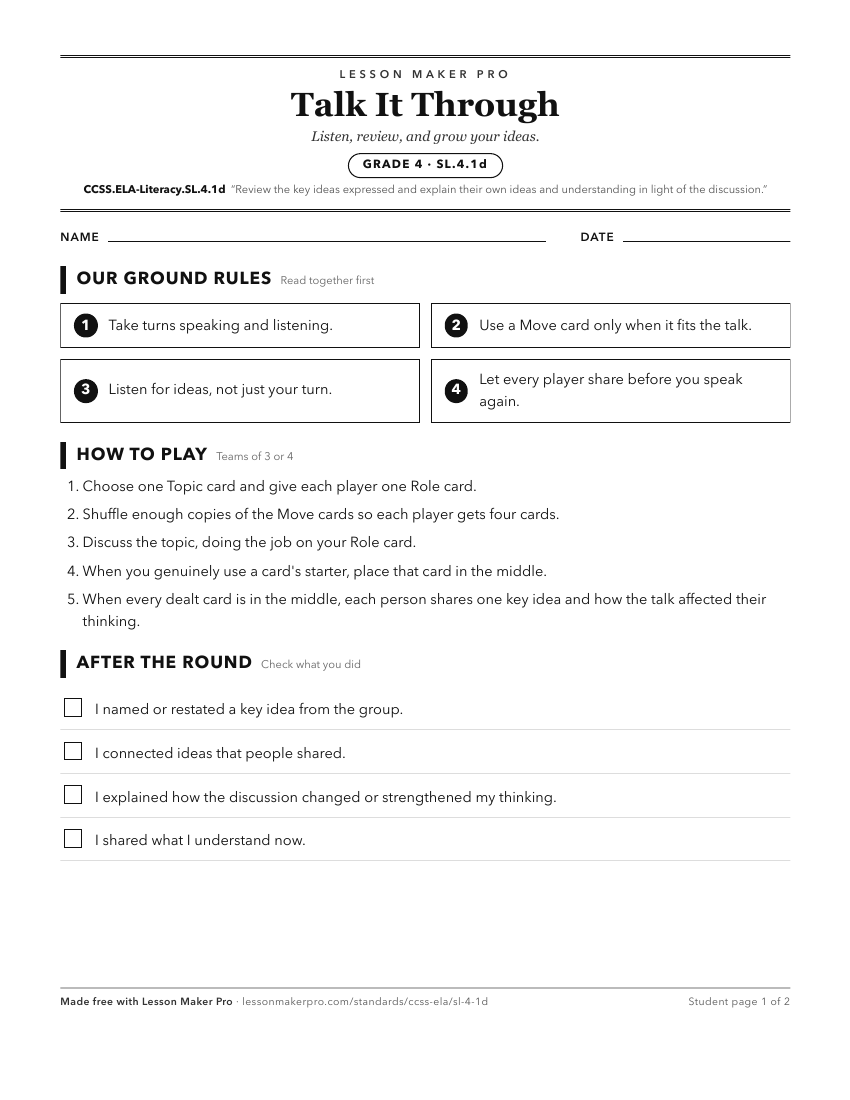 Preview of the CCSS.ELA-Literacy.SL.4.1d printable worksheet