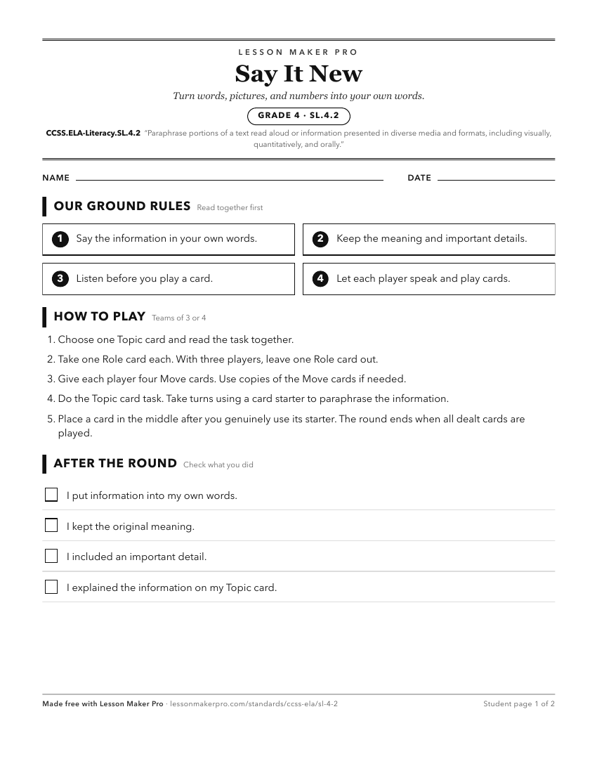 Preview of the CCSS.ELA-Literacy.SL.4.2 printable worksheet