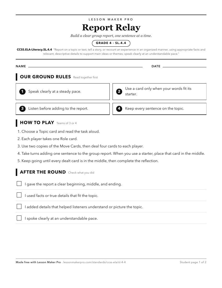 Preview of the CCSS.ELA-Literacy.SL.4.4 printable worksheet