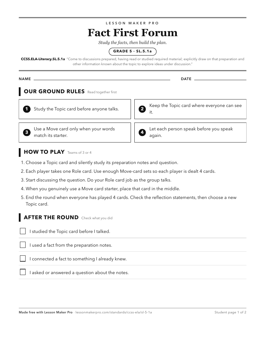 Preview of the CCSS.ELA-Literacy.SL.5.1a printable worksheet