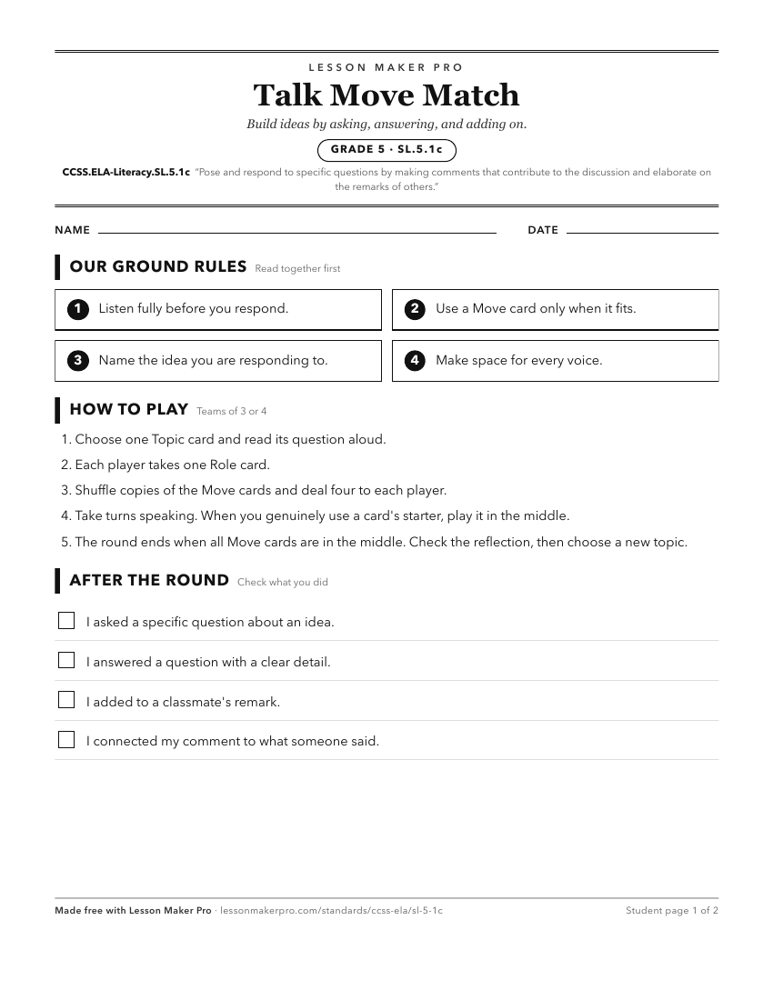 Preview of the CCSS.ELA-Literacy.SL.5.1c printable worksheet