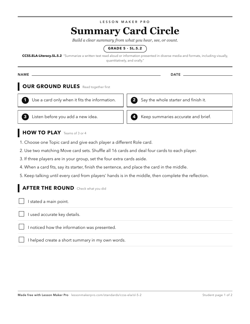 Preview of the CCSS.ELA-Literacy.SL.5.2 printable worksheet