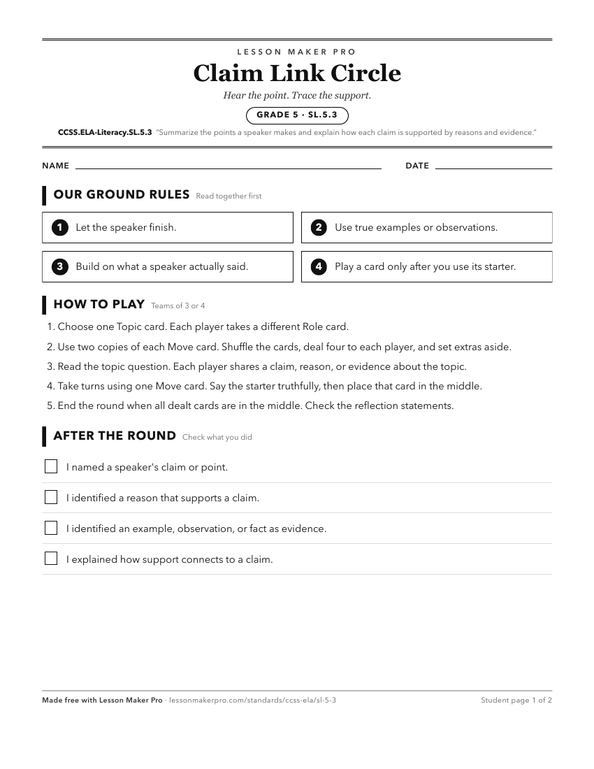 Preview of the CCSS.ELA-Literacy.SL.5.3 printable worksheet