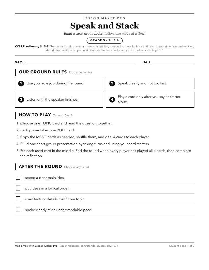 Preview of the CCSS.ELA-Literacy.SL.5.4 printable worksheet