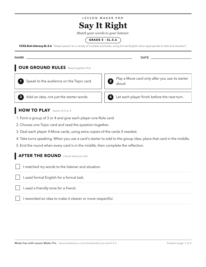 Preview of the CCSS.ELA-Literacy.SL.5.6 printable worksheet