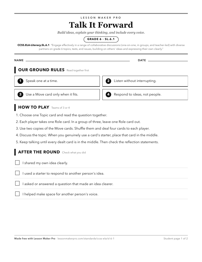 Preview of the CCSS.ELA-Literacy.SL.6.1 printable worksheet