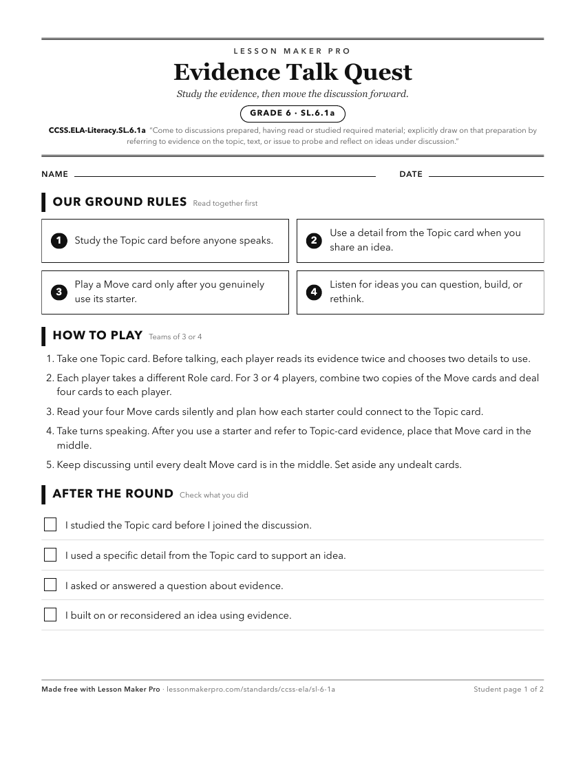 Preview of the CCSS.ELA-Literacy.SL.6.1a printable worksheet