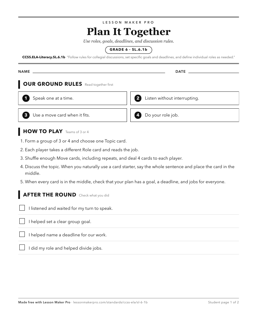 Preview of the CCSS.ELA-Literacy.SL.6.1b printable worksheet