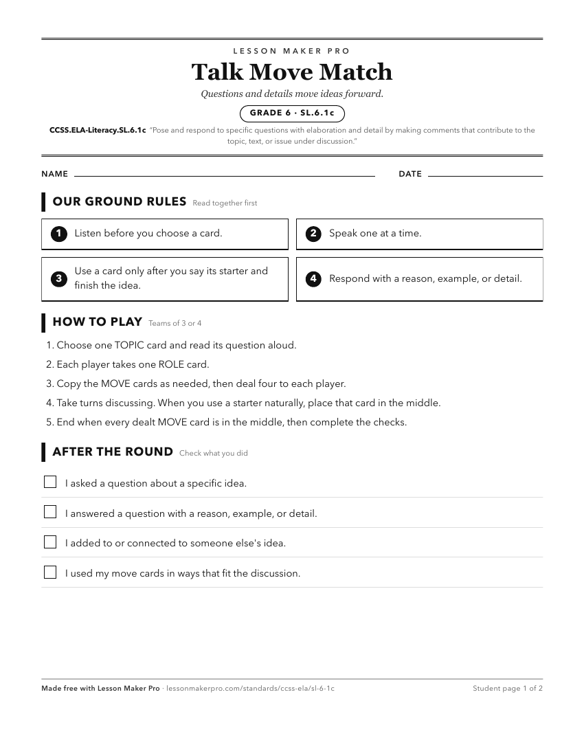 Preview of the CCSS.ELA-Literacy.SL.6.1c printable worksheet