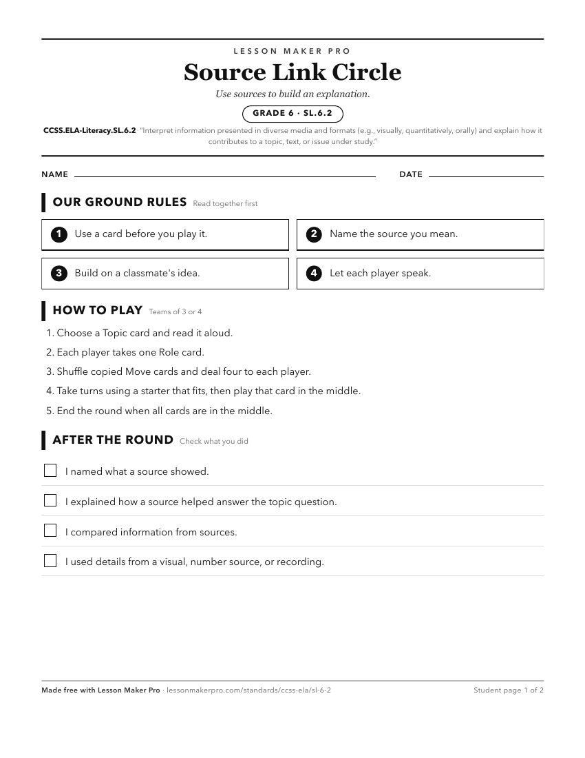 Preview of the CCSS.ELA-Literacy.SL.6.2 printable worksheet
