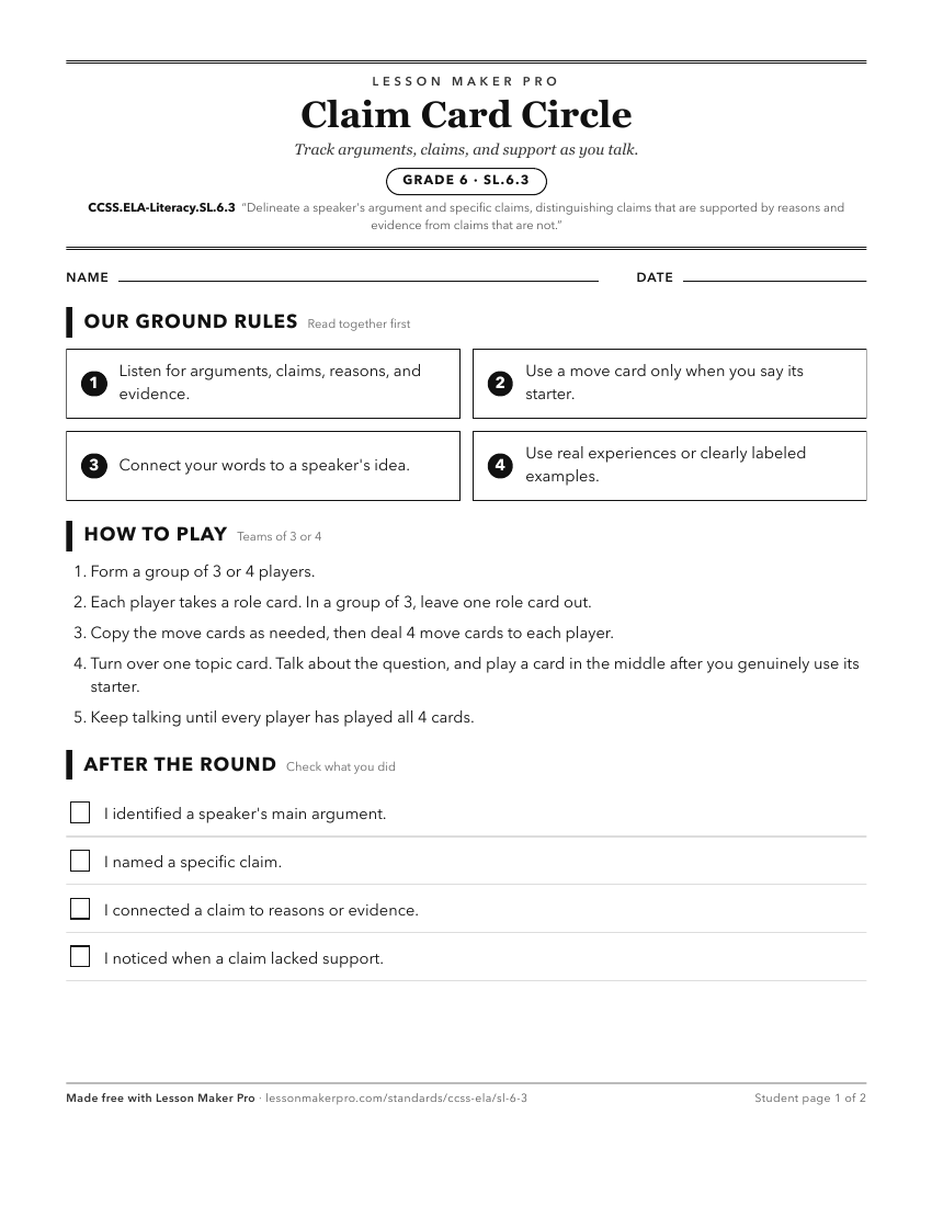 Preview of the CCSS.ELA-Literacy.SL.6.3 printable worksheet
