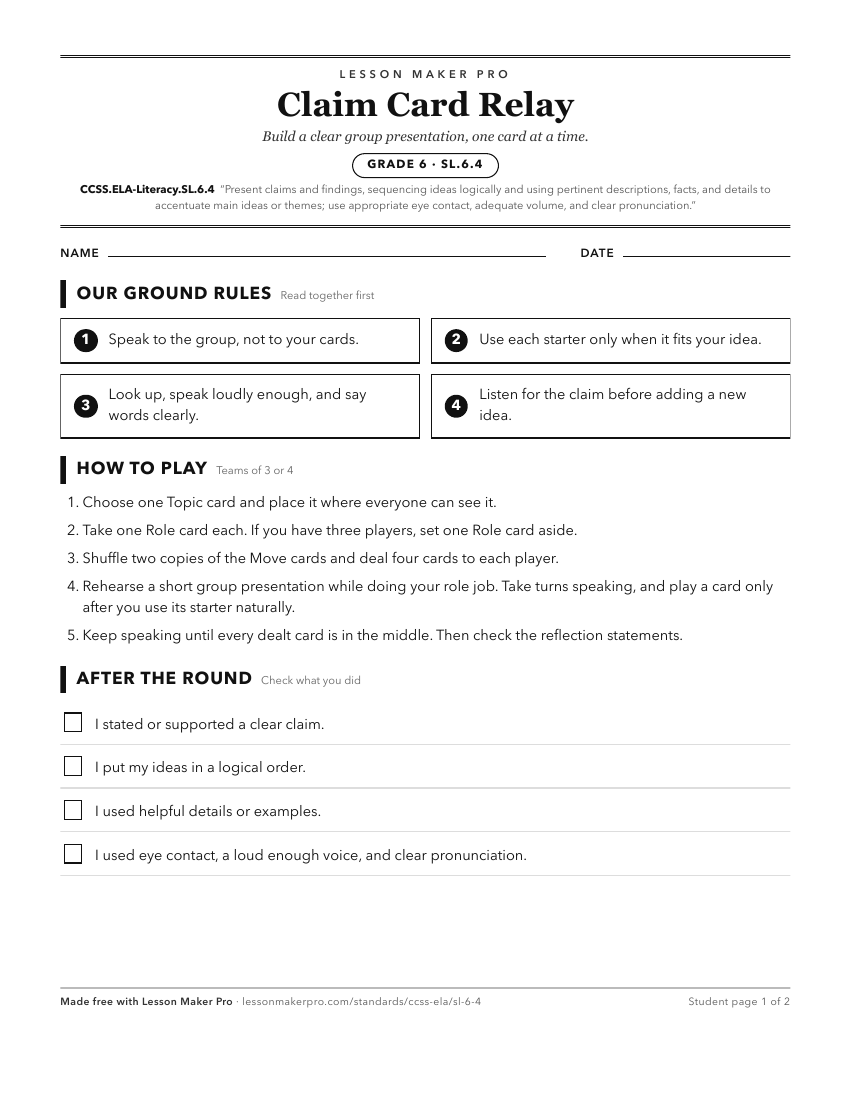 Preview of the CCSS.ELA-Literacy.SL.6.4 printable worksheet