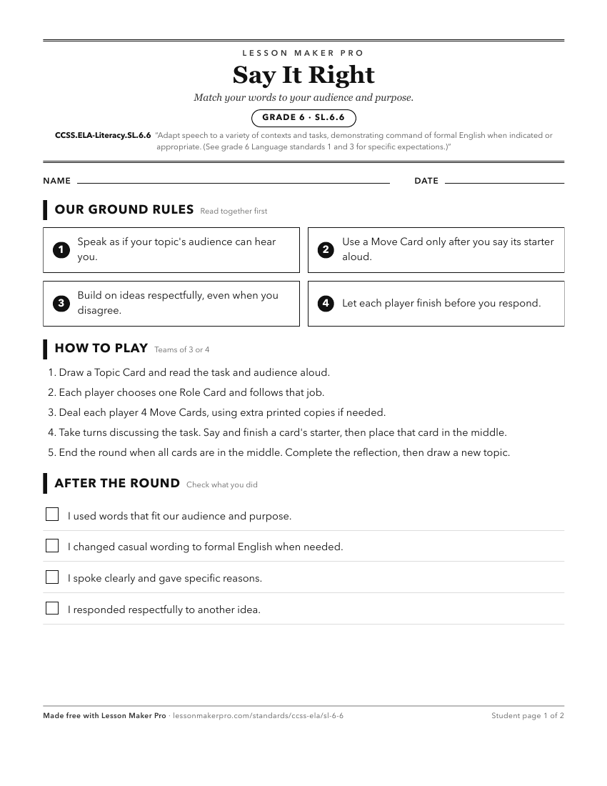 Preview of the CCSS.ELA-Literacy.SL.6.6 printable worksheet