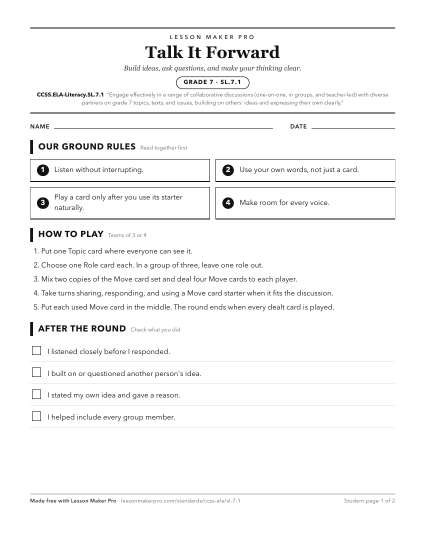 Preview of the CCSS.ELA-Literacy.SL.7.1 printable worksheet