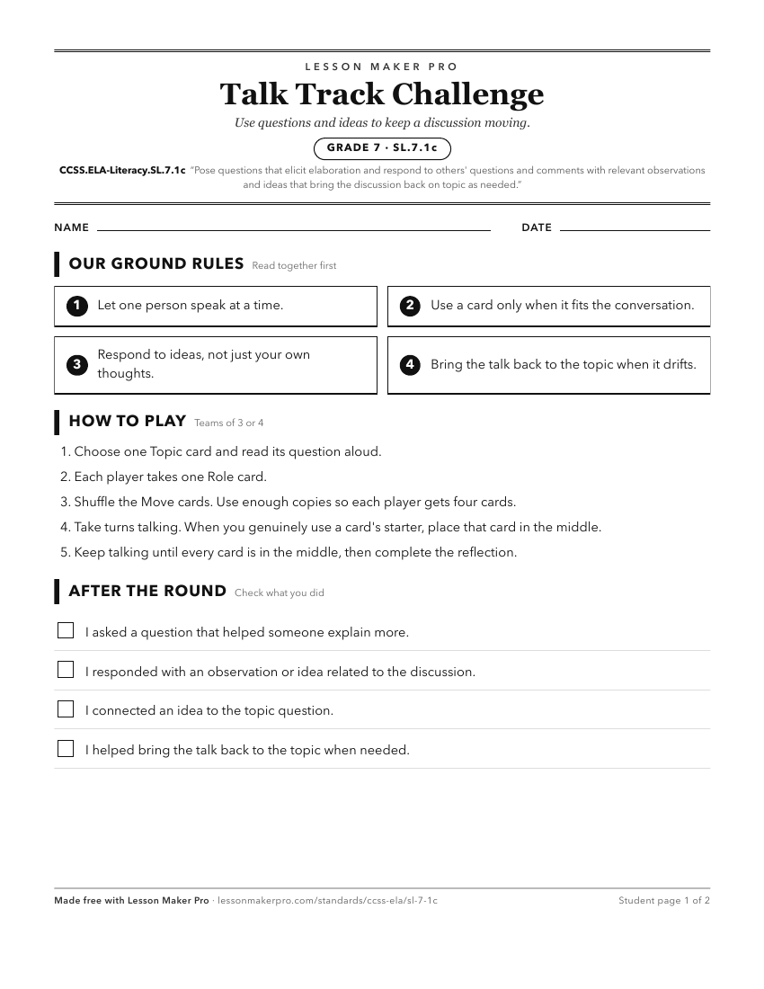 Preview of the CCSS.ELA-Literacy.SL.7.1c printable worksheet