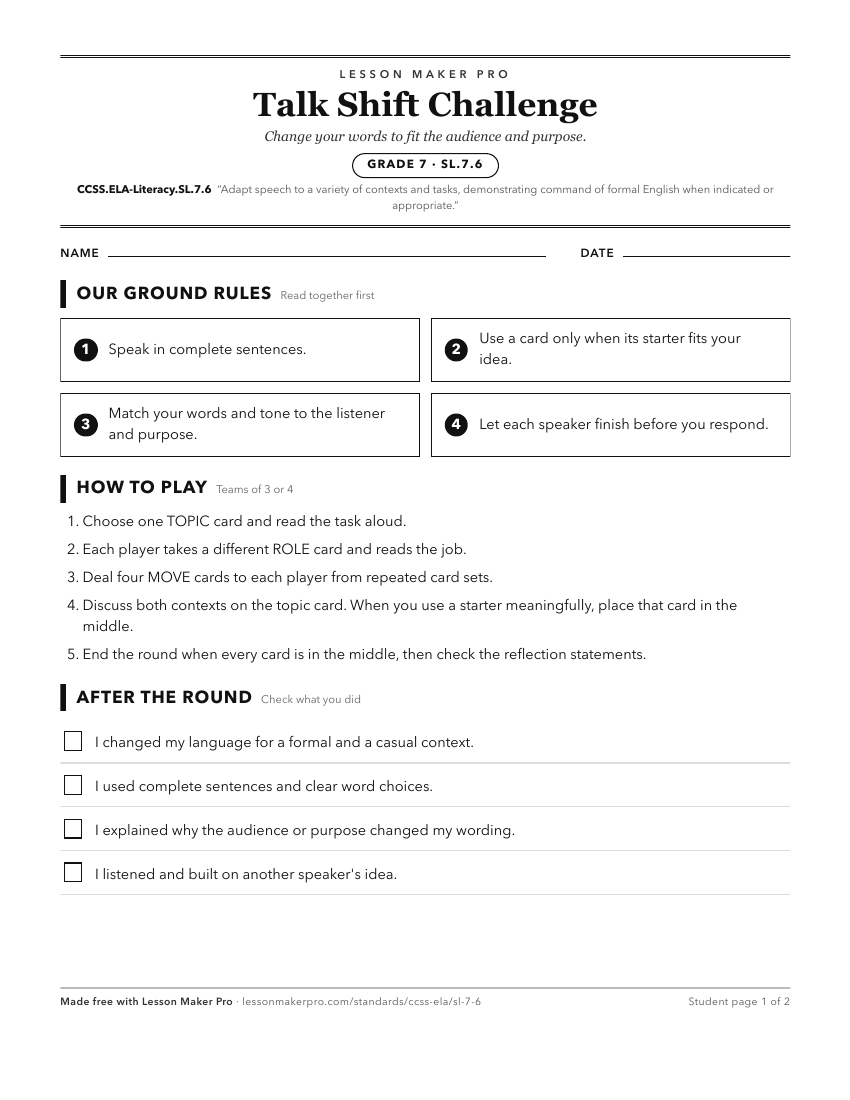Preview of the CCSS.ELA-Literacy.SL.7.6 printable worksheet