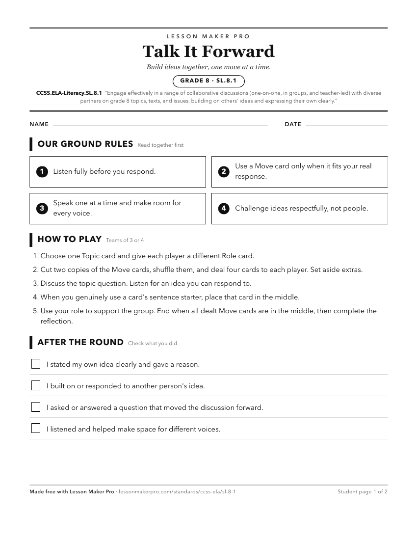 Preview of the CCSS.ELA-Literacy.SL.8.1 printable worksheet