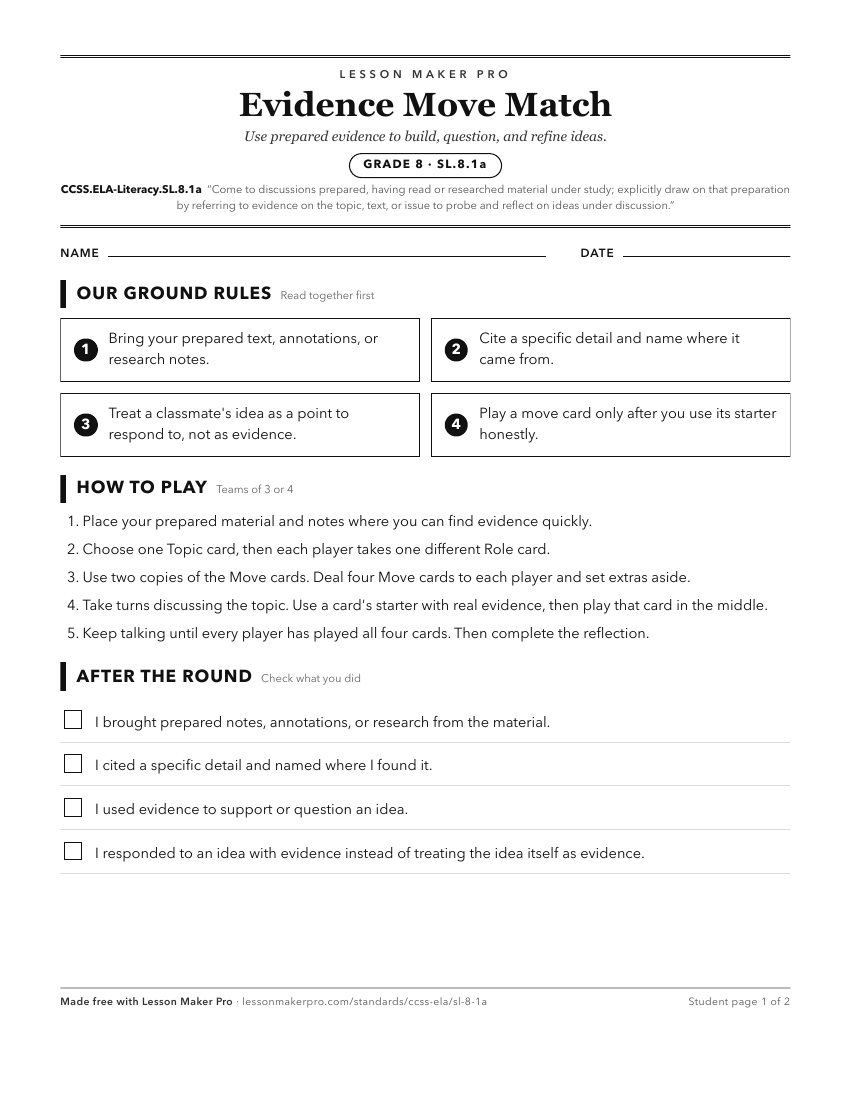Preview of the CCSS.ELA-Literacy.SL.8.1a printable worksheet