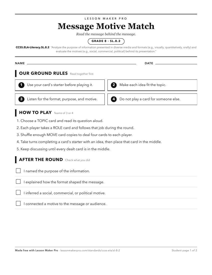 Preview of the CCSS.ELA-Literacy.SL.8.2 printable worksheet