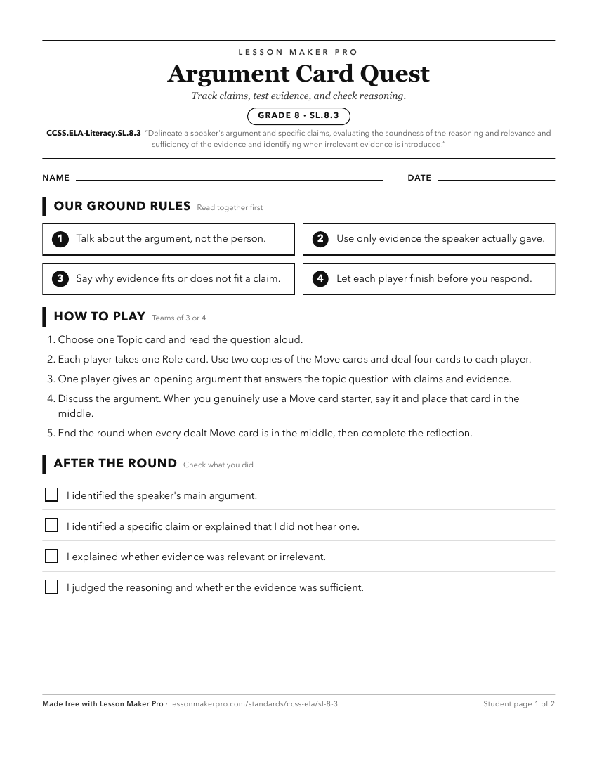 Preview of the CCSS.ELA-Literacy.SL.8.3 printable worksheet