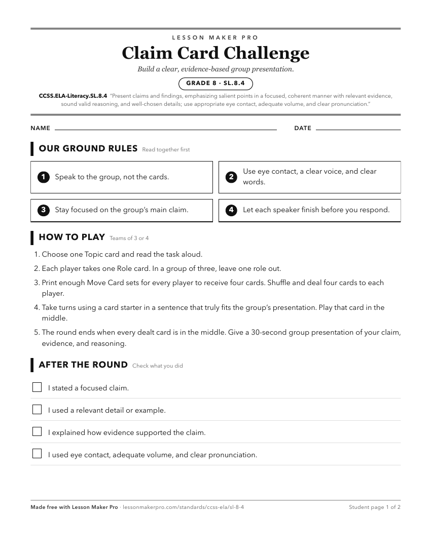 Preview of the CCSS.ELA-Literacy.SL.8.4 printable worksheet