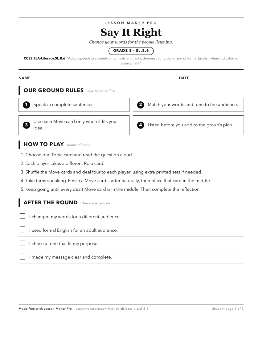 Preview of the CCSS.ELA-Literacy.SL.8.6 printable worksheet