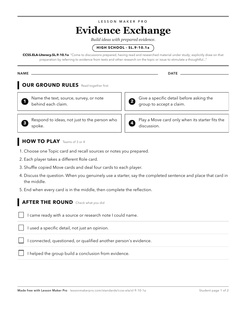 Preview of the CCSS.ELA-Literacy.SL.9-10.1a printable worksheet