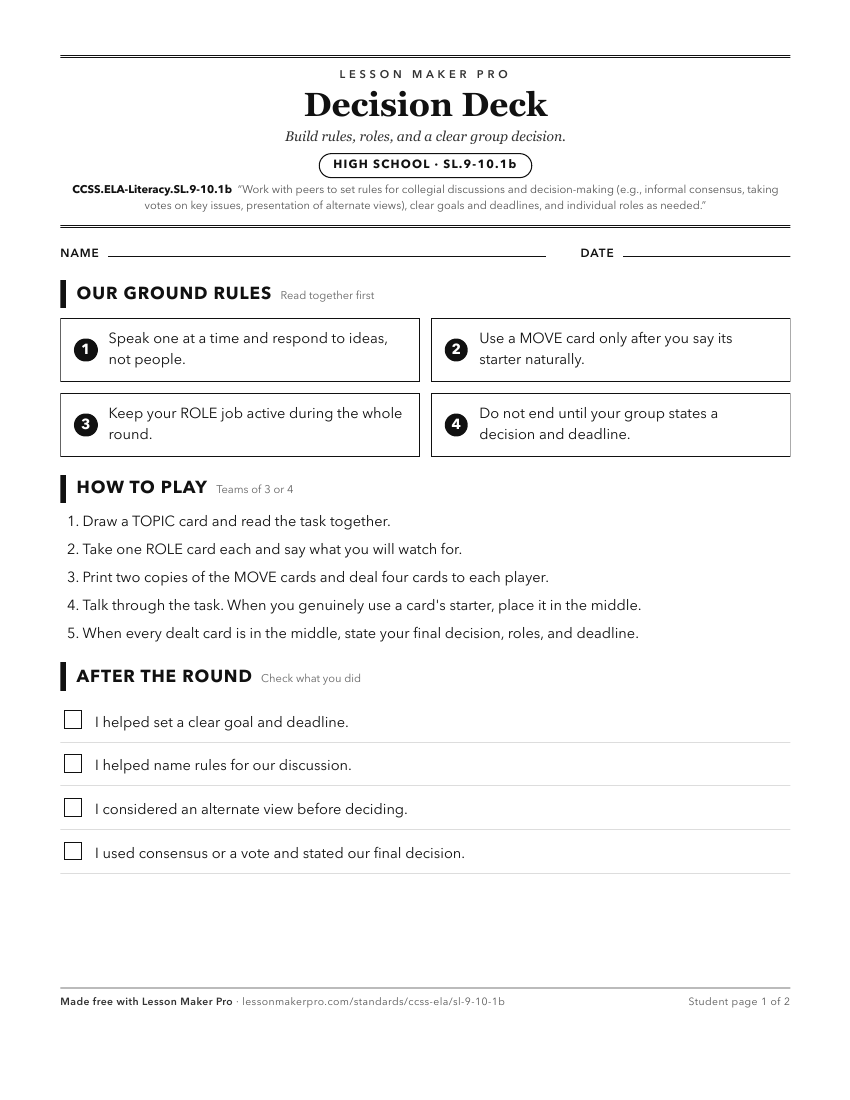 Preview of the CCSS.ELA-Literacy.SL.9-10.1b printable worksheet