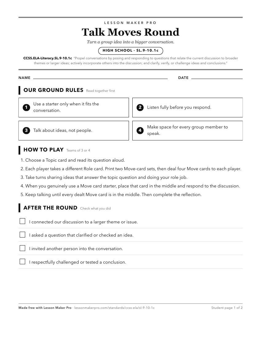Preview of the CCSS.ELA-Literacy.SL.9-10.1c printable worksheet