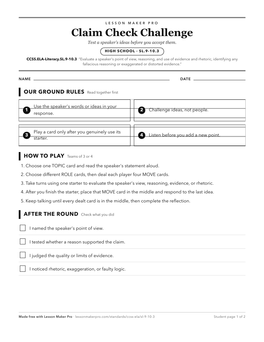 Preview of the CCSS.ELA-Literacy.SL.9-10.3 printable worksheet