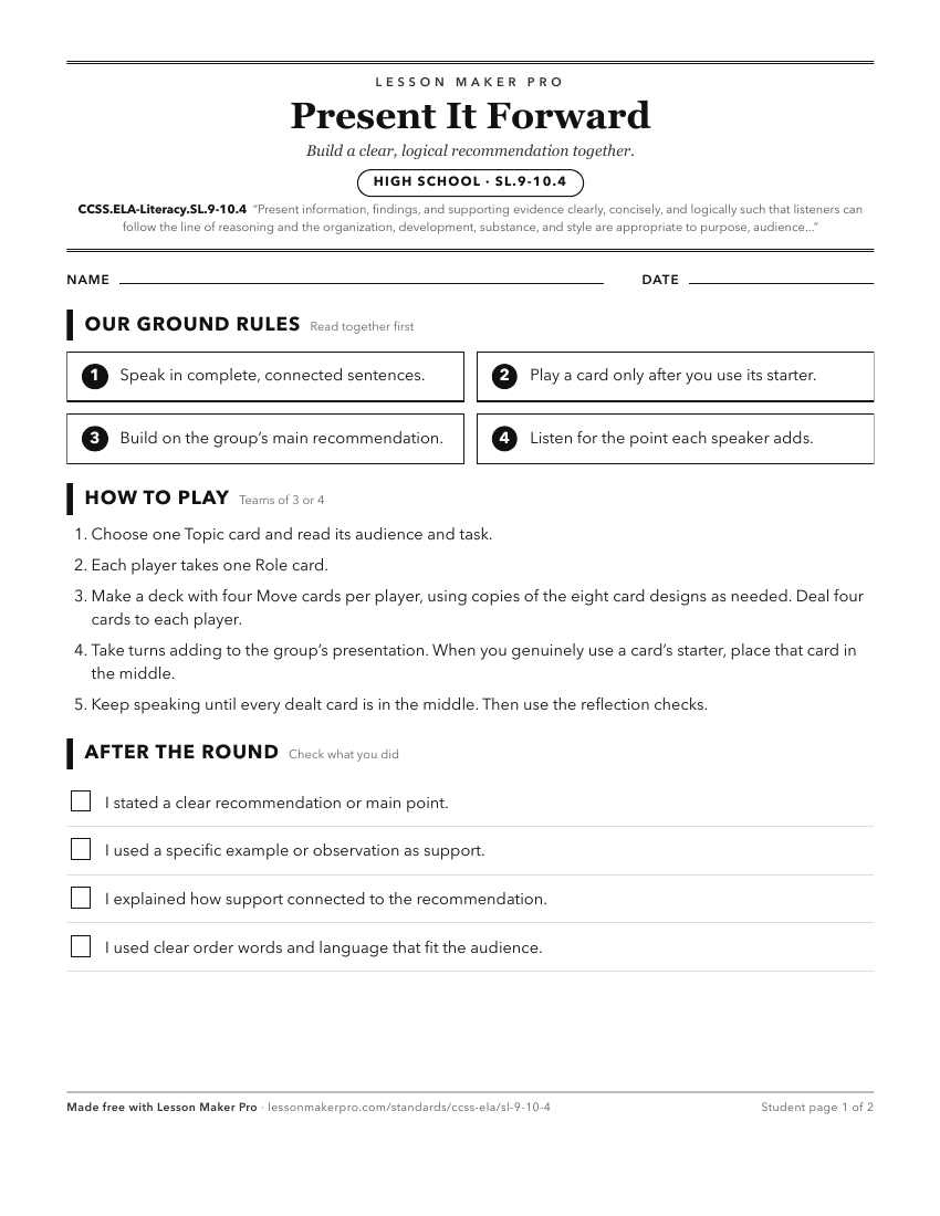 Preview of the CCSS.ELA-Literacy.SL.9-10.4 printable worksheet