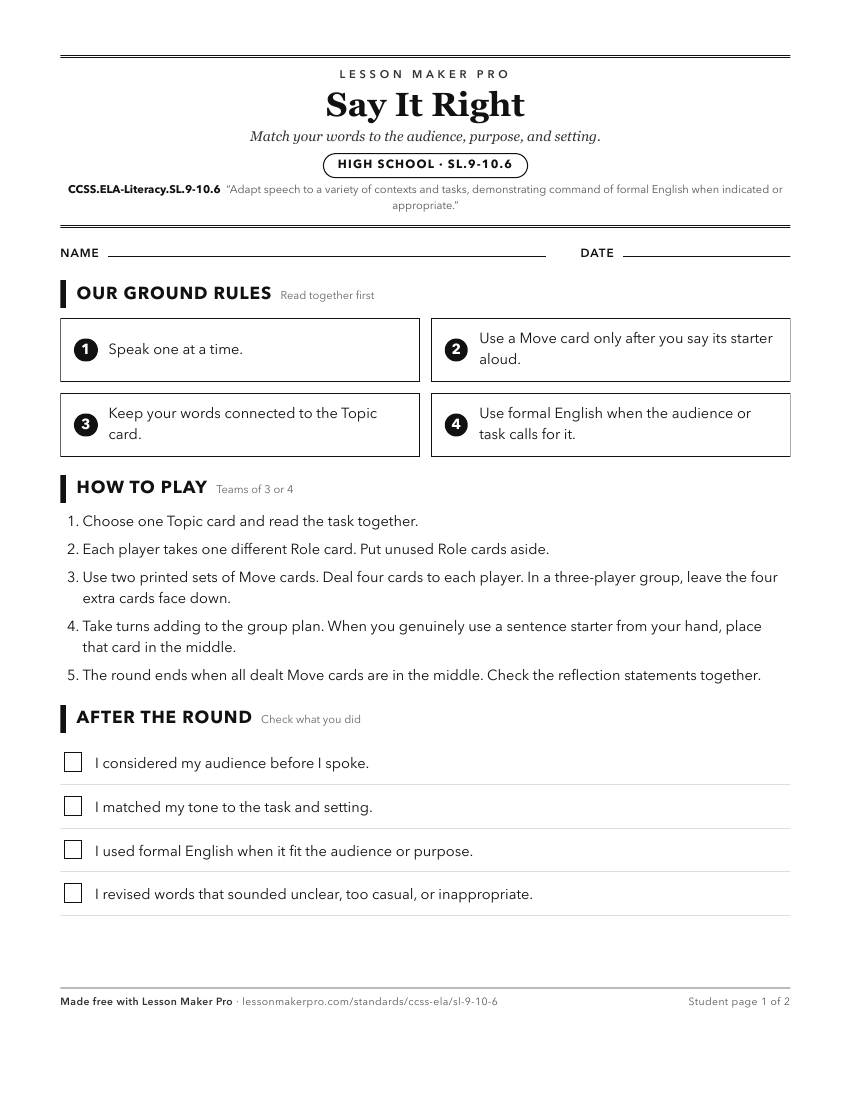 Preview of the CCSS.ELA-Literacy.SL.9-10.6 printable worksheet