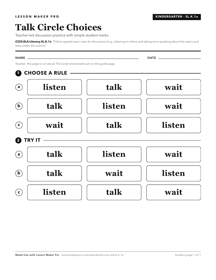 Preview of the CCSS.ELA-Literacy.SL.K.1a printable worksheet
