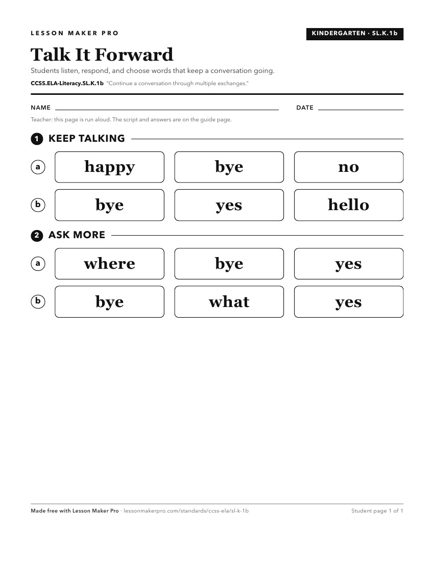 Preview of the CCSS.ELA-Literacy.SL.K.1b printable worksheet