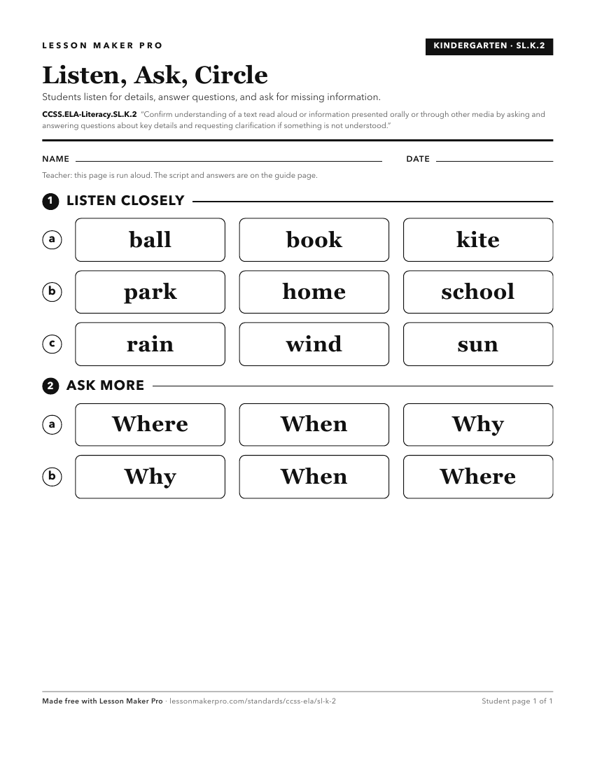 Preview of the CCSS.ELA-Literacy.SL.K.2 printable worksheet