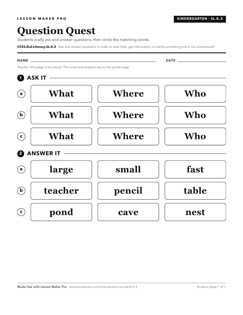Preview of the CCSS.ELA-Literacy.SL.K.3 printable worksheet