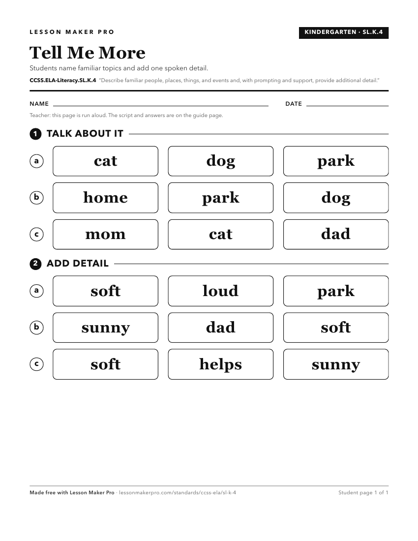 Preview of the CCSS.ELA-Literacy.SL.K.4 printable worksheet