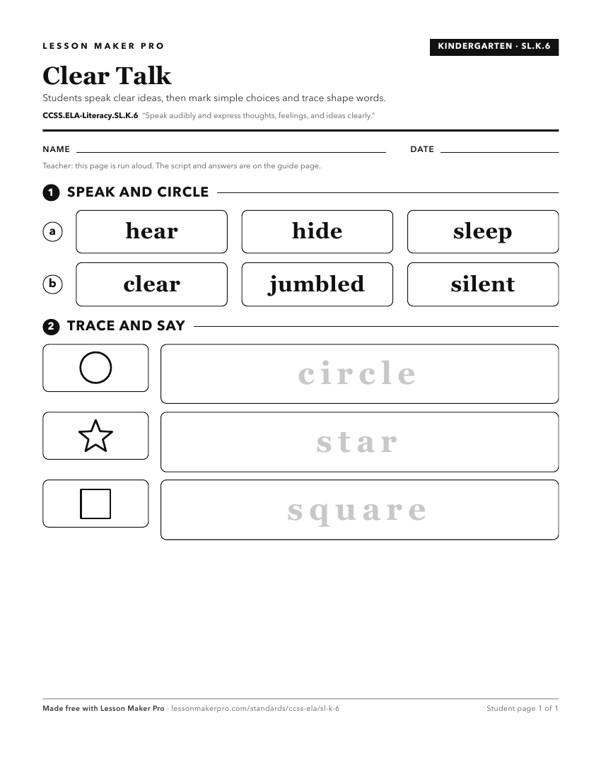 Preview of the CCSS.ELA-Literacy.SL.K.6 printable worksheet