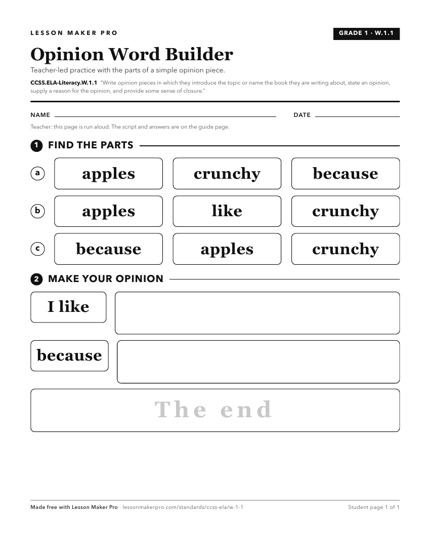 Preview of the CCSS.ELA-Literacy.W.1.1 printable worksheet