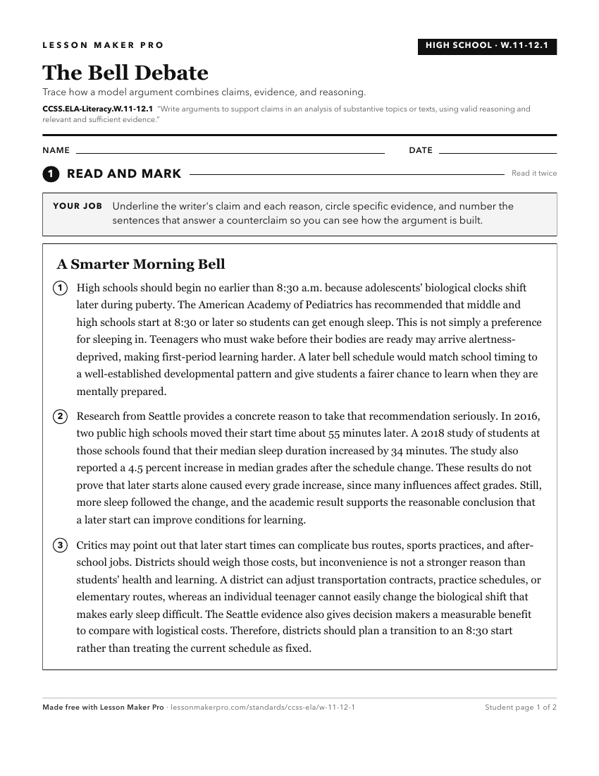Preview of the CCSS.ELA-Literacy.W.11-12.1 printable worksheet