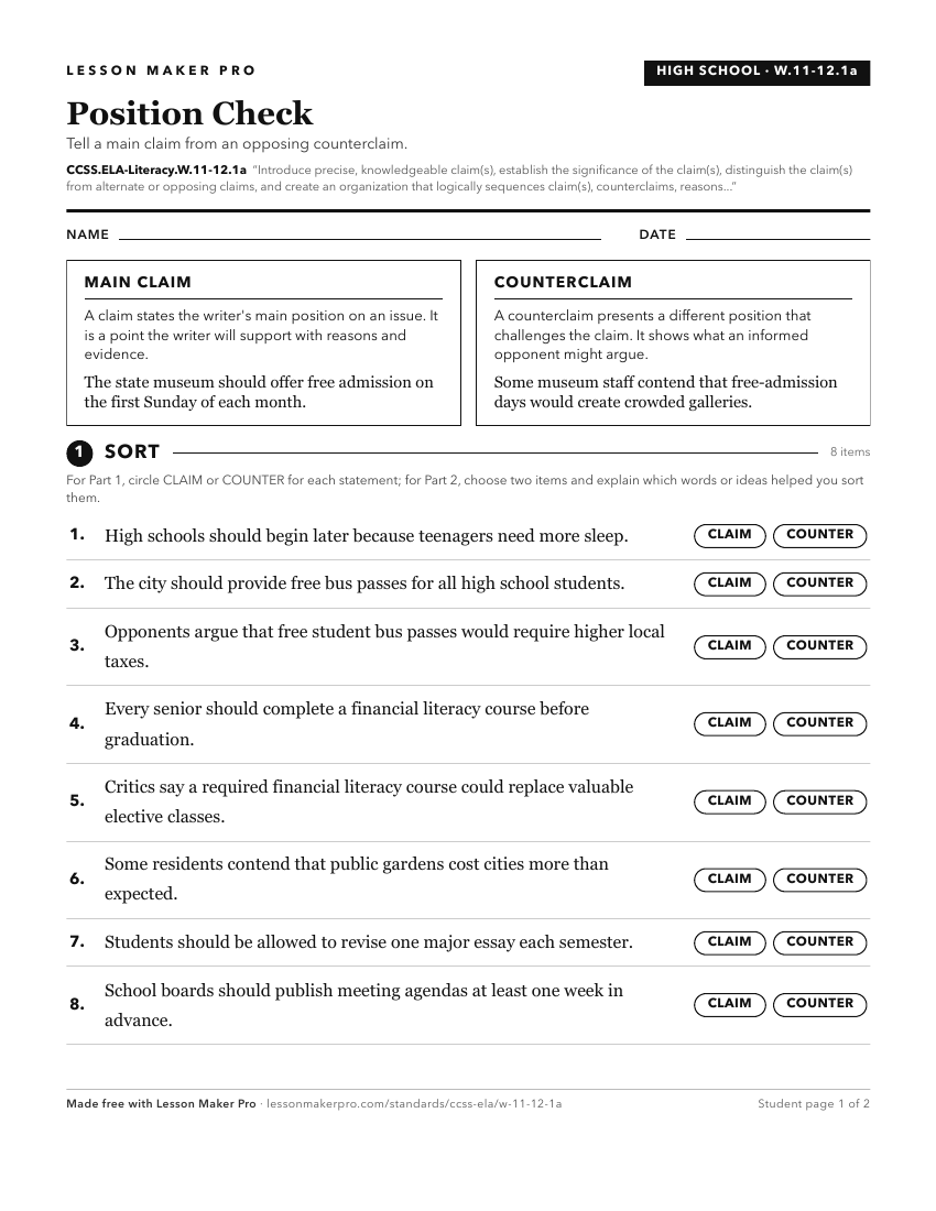 Preview of the CCSS.ELA-Literacy.W.11-12.1a printable worksheet