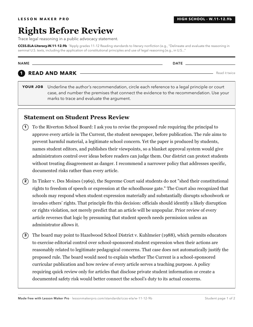Preview of the CCSS.ELA-Literacy.W.11-12.9b printable worksheet