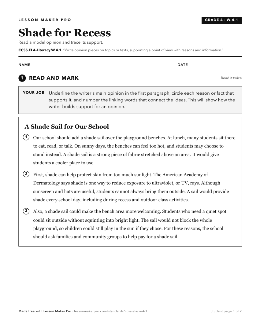 Preview of the CCSS.ELA-Literacy.W.4.1 printable worksheet