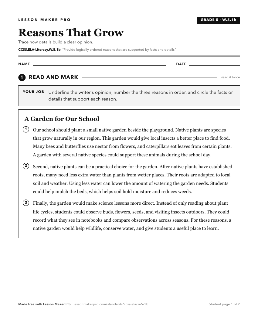 Preview of the CCSS.ELA-Literacy.W.5.1b printable worksheet