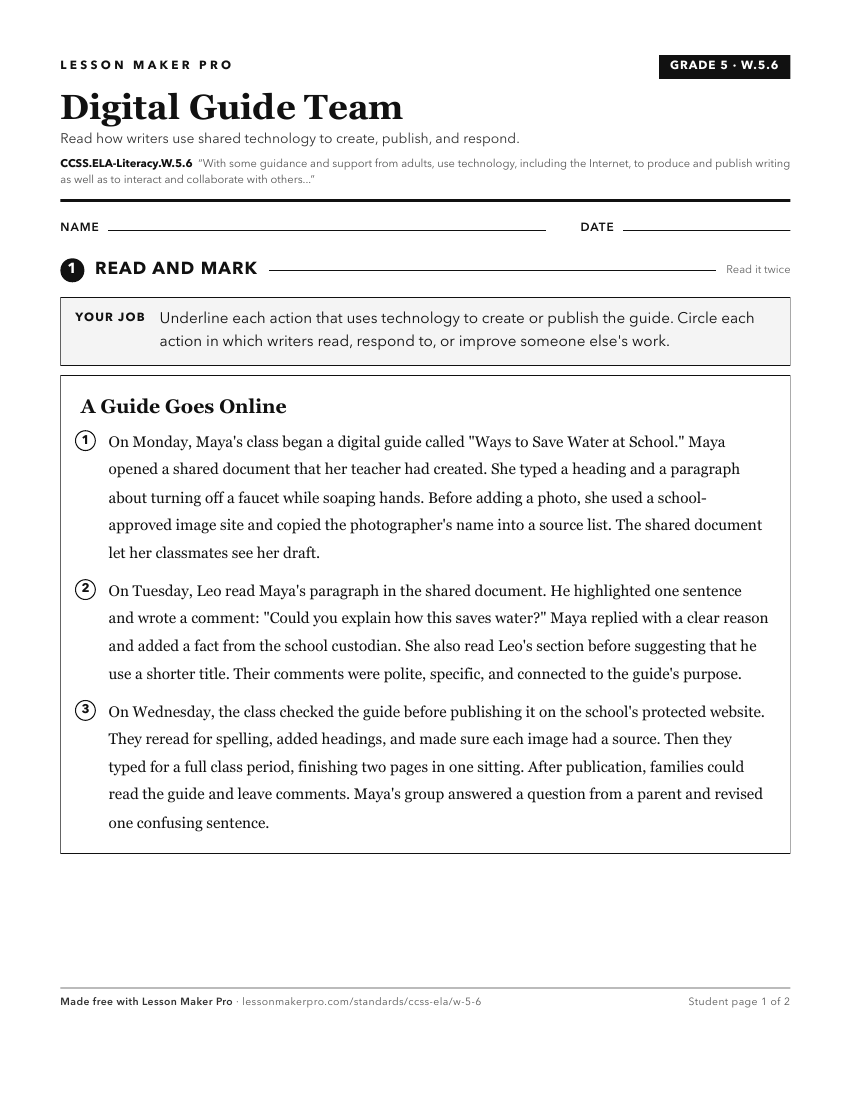 Preview of the CCSS.ELA-Literacy.W.5.6 printable worksheet