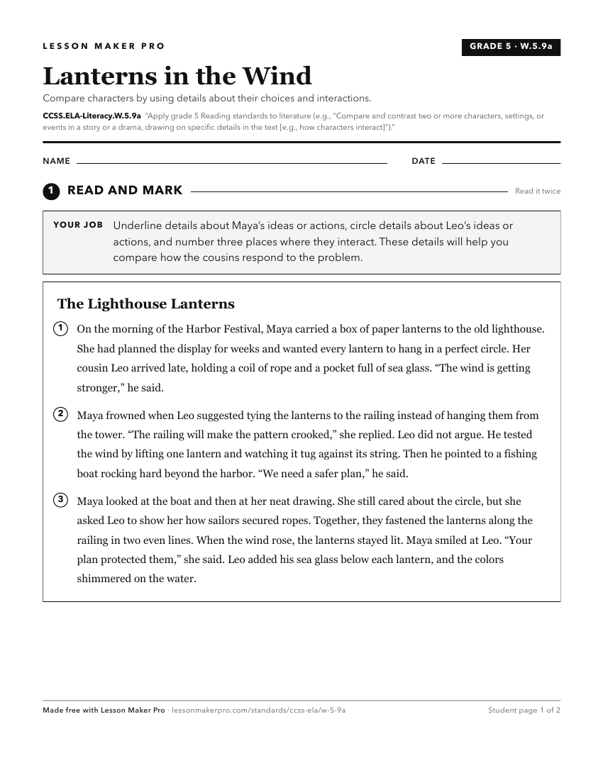 Preview of the CCSS.ELA-Literacy.W.5.9a printable worksheet