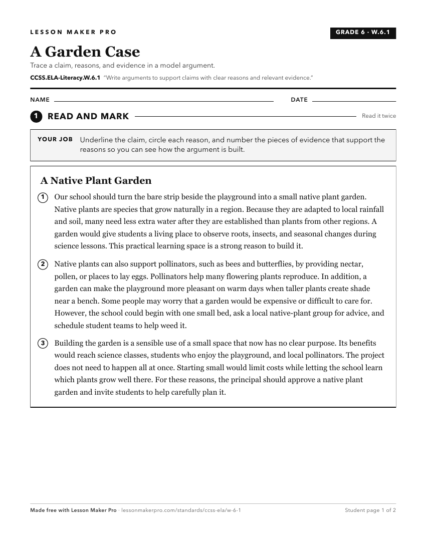 Preview of the CCSS.ELA-Literacy.W.6.1 printable worksheet
